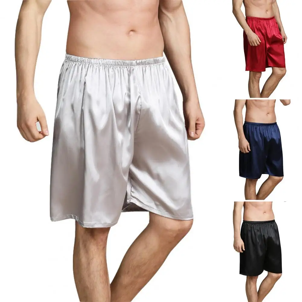 Men Shorts Smooth Thin Solid Elastic Waist Home Wear Summer Knee Length Sleeping Shorts Relaxed Fit Mid Rise Shorts for Daily