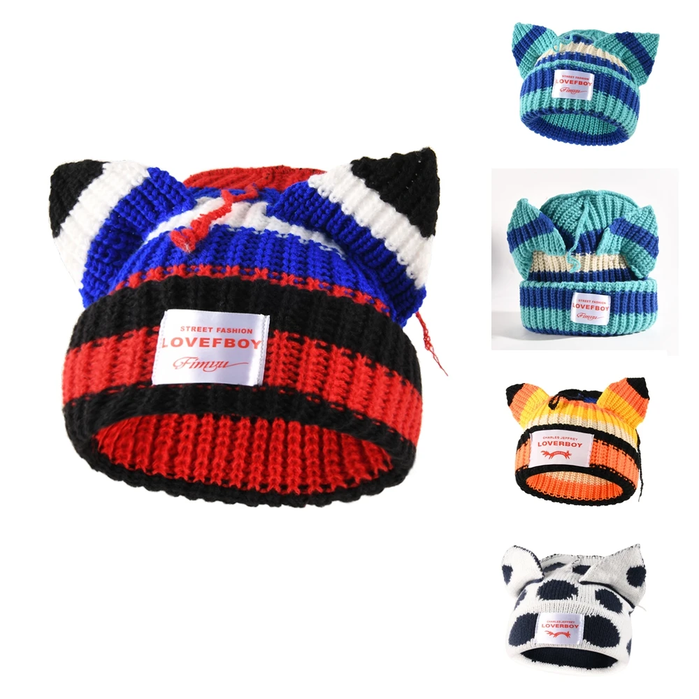 Ladies Cute Cat Ear Design Ribbed Stripe Knitted Hat Woolen Cap Winter Warm Unisex Fashionable Earflap Beanie