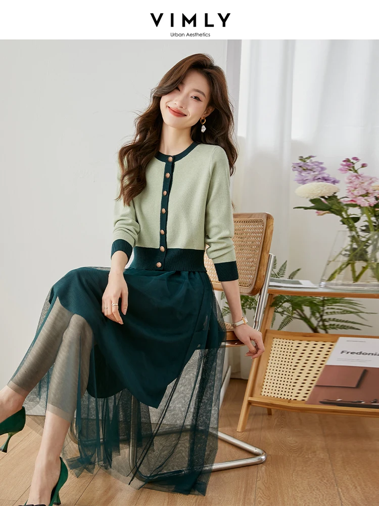 Vimly Korean Fashion Two Piece Sets Green Knitted Cardigan and Midi Mesh Skirt Womens Spring 2 Piece Outfits Matching Set M3386