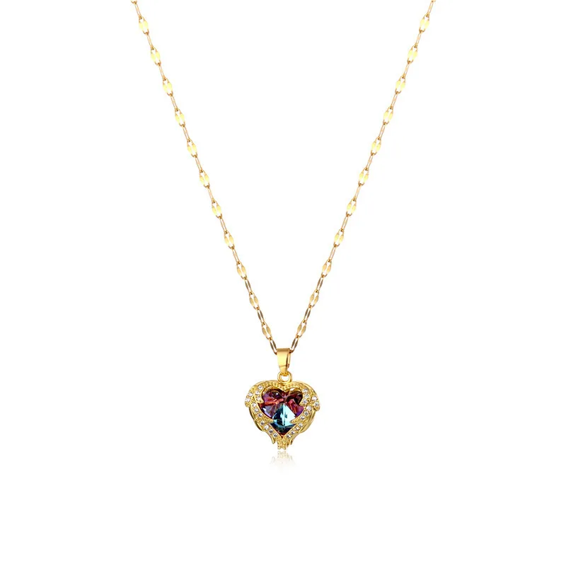 Luxury Zircon Crystal Heart Of Ocean Pendant Stainless Steel Necklace For Women Korean Fashion Female Wedding Jewelry Neck Chain