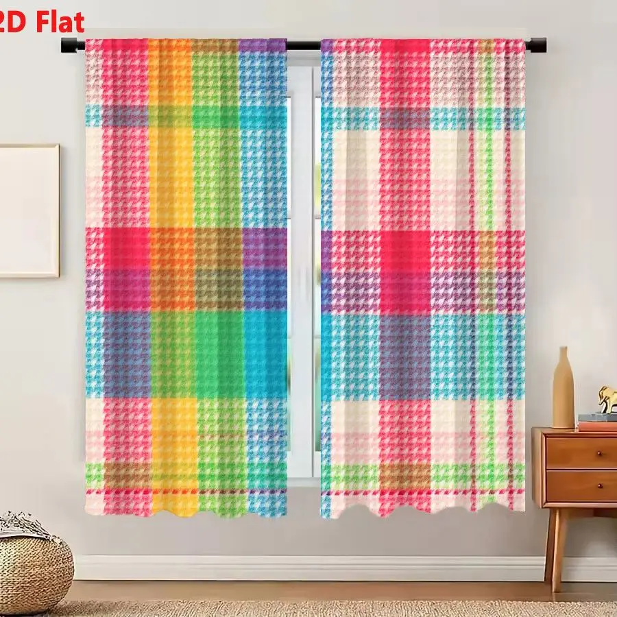 2Pcs Curtains 2D Flat Colorful Grid Patterned Fabric With Houndstooth Squares In Pink Red Orange Yellow Green Blue And Purple Wi