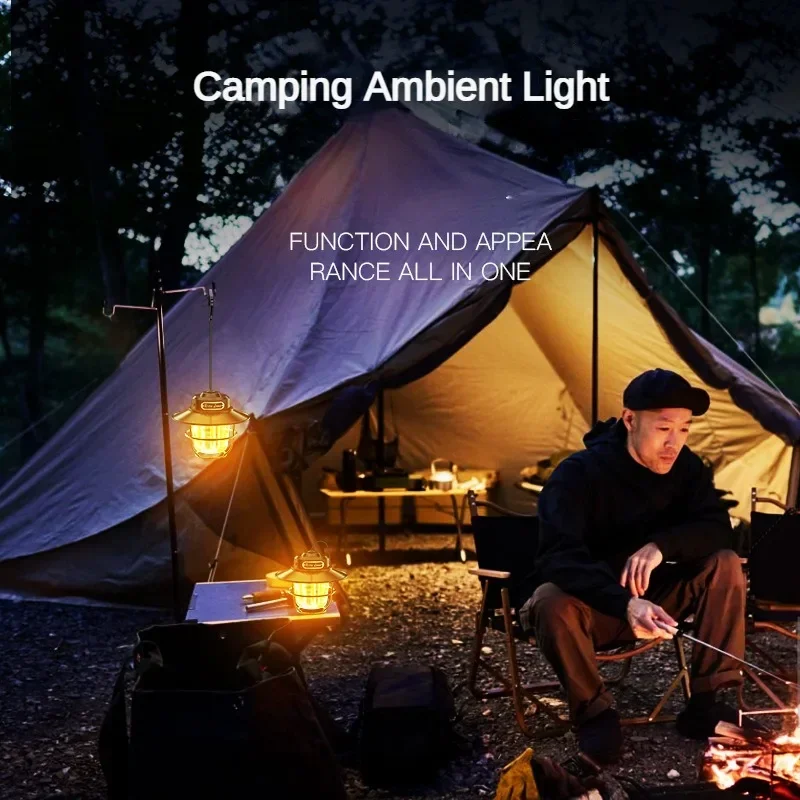 Lampe de tente aste de type C, lumière ambiante de camping rétro, 4 modes d'éclairage, gradation en continu, lampe de secours extérieure portable