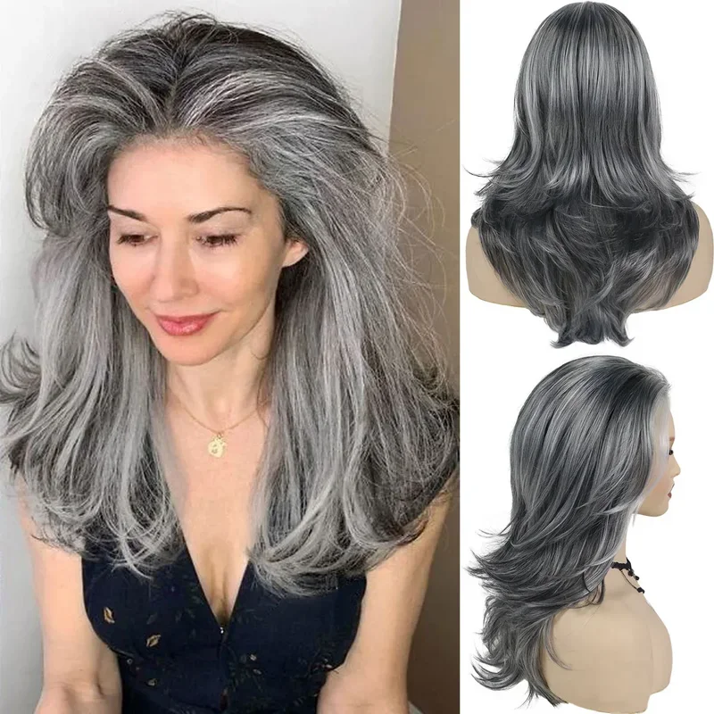 GNIMEGIL Synthetic Grey Long Layered Wigs for White Women Silver Curly Wig Natural Highlighter Hair Sexy Halloween Costume Wig