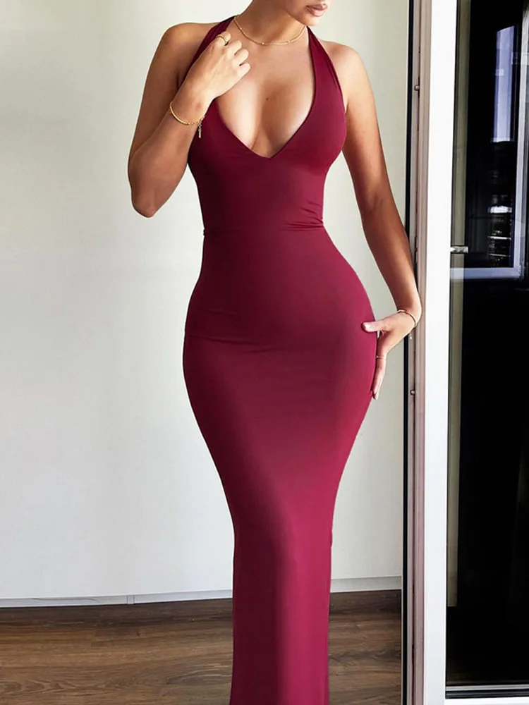 

Tossy V Neck Backless Bandage Long Dress Women's Sexy Halter Pleated Solid Color Sleeveless Slim Summer Fashion Evening Dress