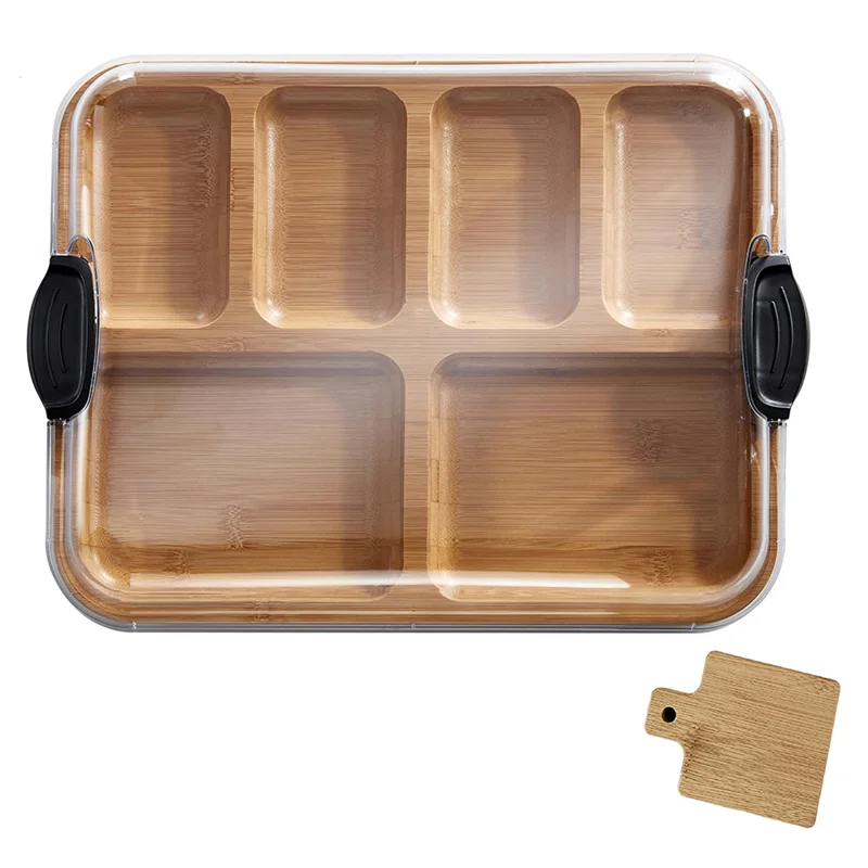 

AT63-Build-A-Board Cutting Board With Compartments And Clear Locking Lid For Charcuterie Snacks, Bamboo With Bottle Opener