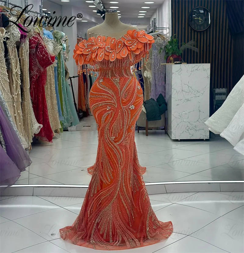 2024 Customized Orange Evening Dresses Women Luxury 3D Leaf Design Arabic Formal Prom Dress Crystals Wedding Party Gowns Robes