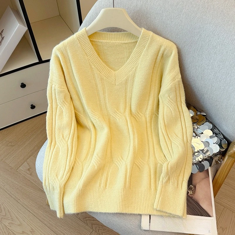 Pull torsadé Vintage à col en v pour femme, manches longues, coréen, décontracté, ample, bas, nouvelle collection automne hiver 2025