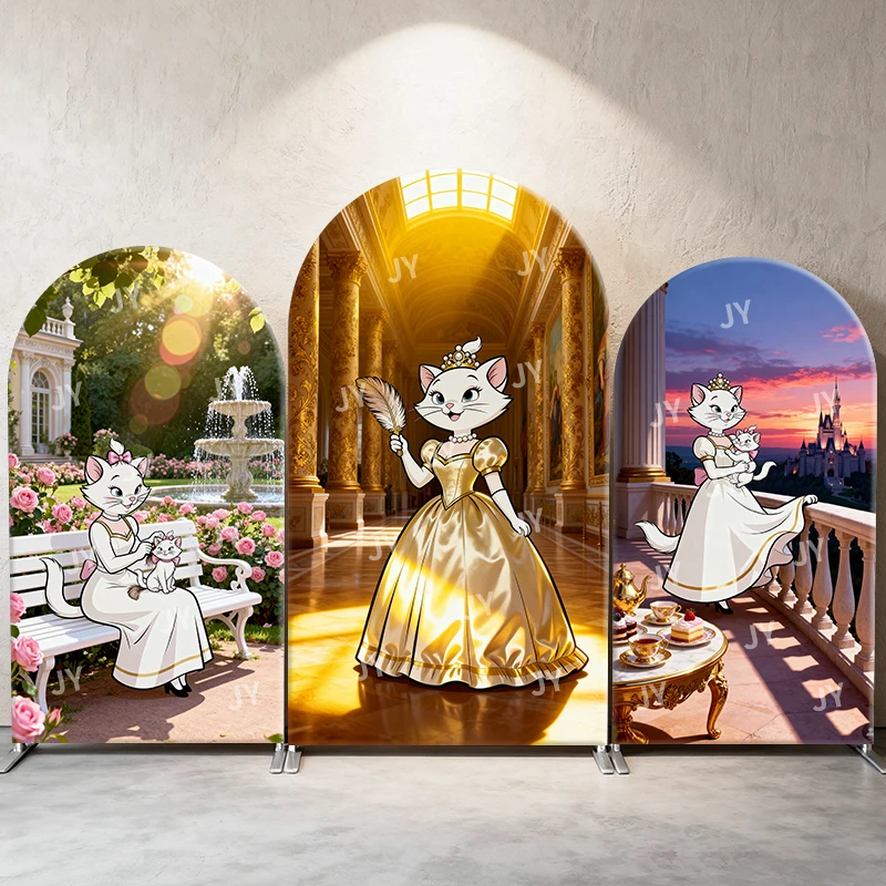 

Marie Cat Arch Backdrop Cover Palace Gown Fountain Scene Cartoon Theme Kids Birthday Baby Shower Photo Booth Decor Background