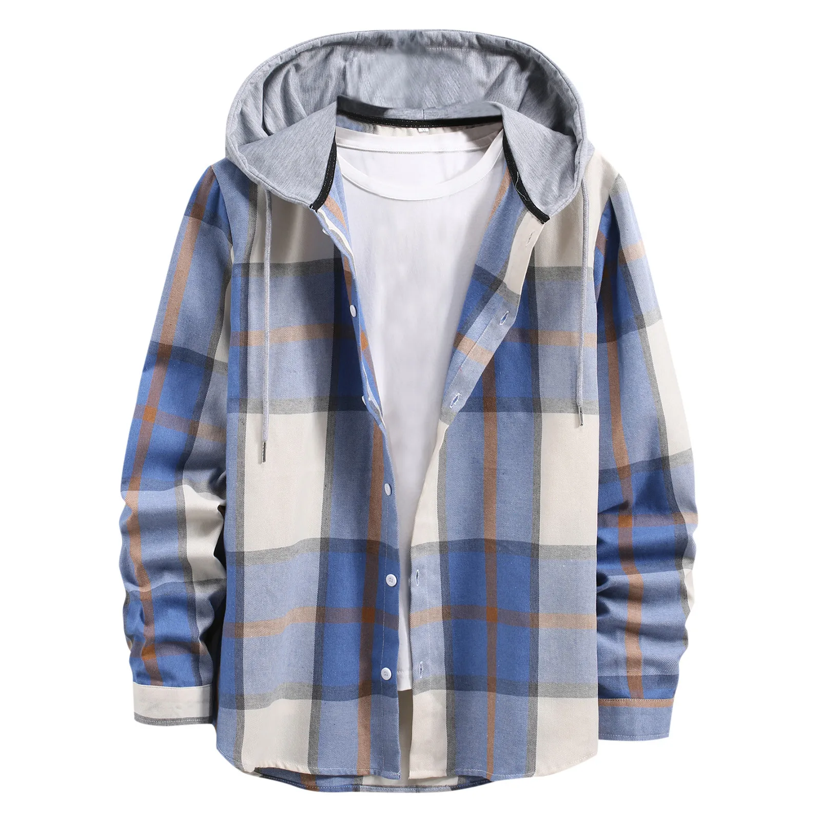 Men\'s Casual Plaid Print Shirt Long Sleeves Autumn Casual Hooded Single Breasted Coat Daily Loose Male Clothing