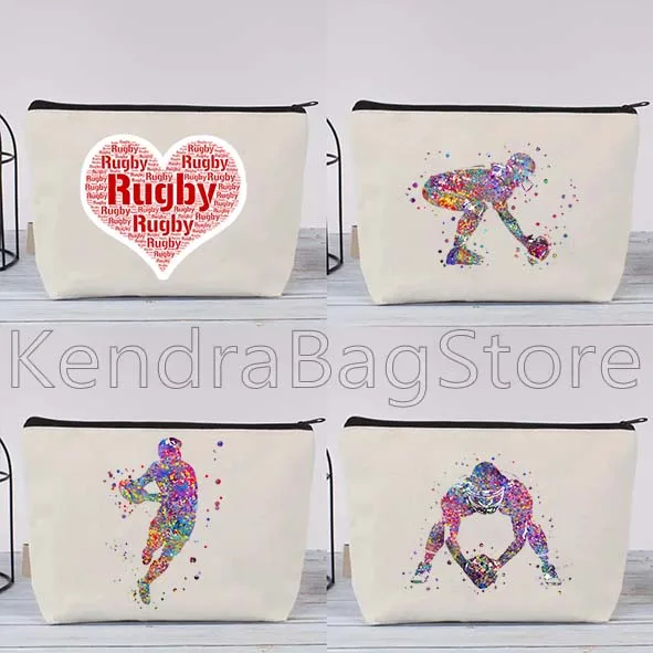 Funny Rugby Girl Sports Player Lover Gifts Canvas Cosmetic Makeup Bag School Pencil Case Zipper Pouch Cotton Storage Cotton Bag