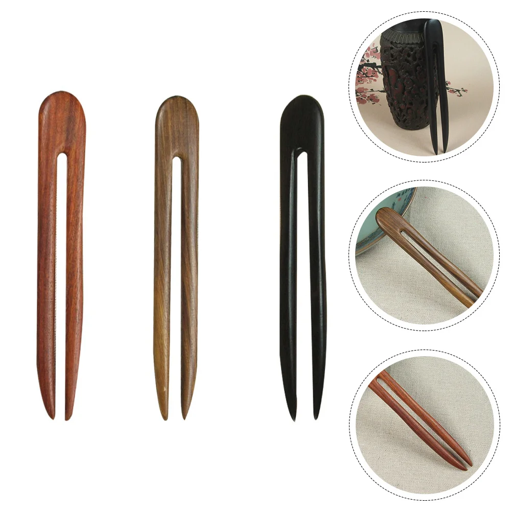 

3 Pcs Retro U-shaped Hairpin Net Prong Bun Hairpins Stick Printing Vintage Lady Tool Wooden Women's