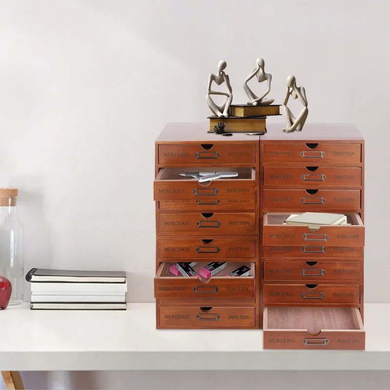 

for Retro Drawer Organizers，Four-piece Set 16 Drawers Wooden Desktop Organizer Wooden Storage Box for Living Rooms Bedrooms