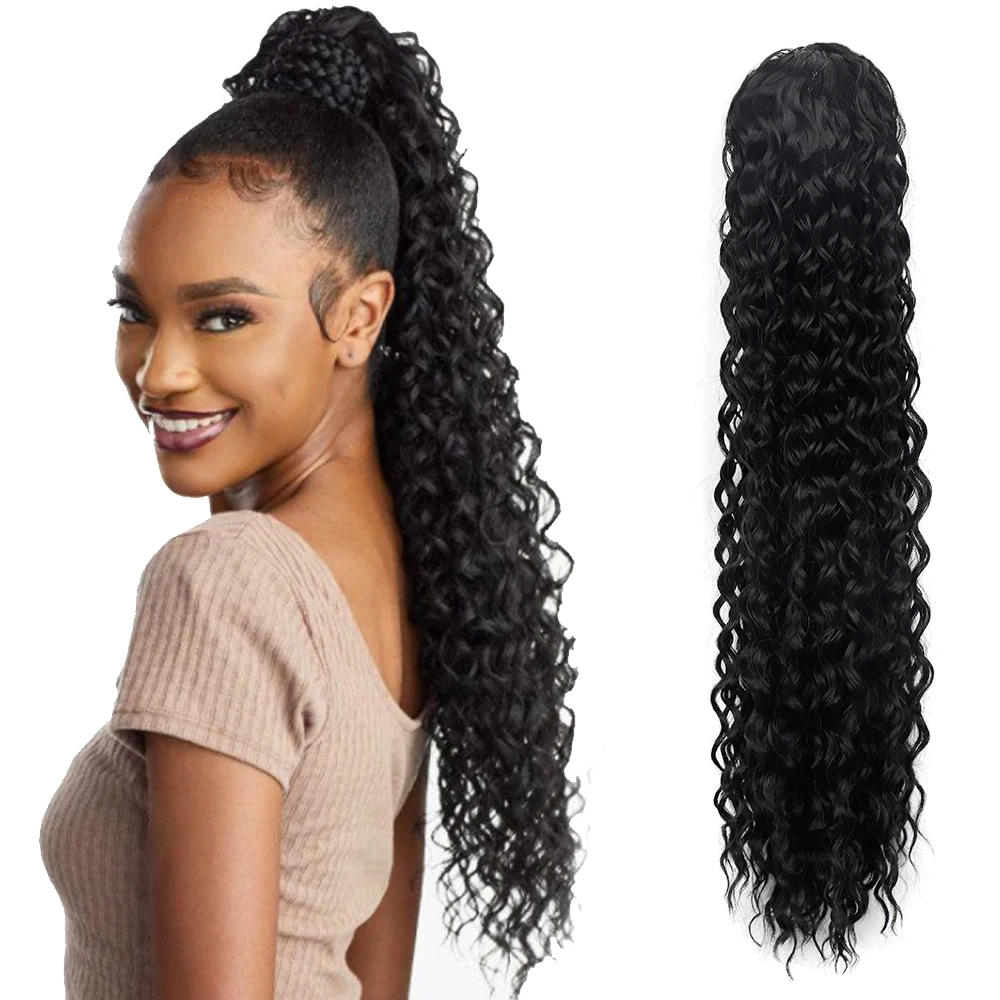 

30inch Long Deep Wave Synthetic Drawstring Ponytail For Women Natural Looking Pony Tail Clip-In Hair Extension