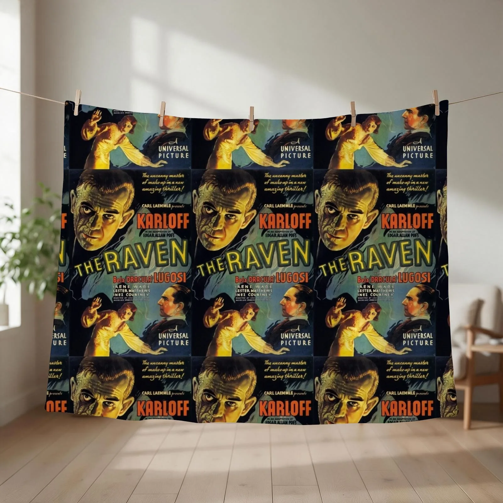 The Raven - vintage Universal horror poster - Boris Karloff, Bela Lugosi, Edgar Allen Poe Throw Blanket