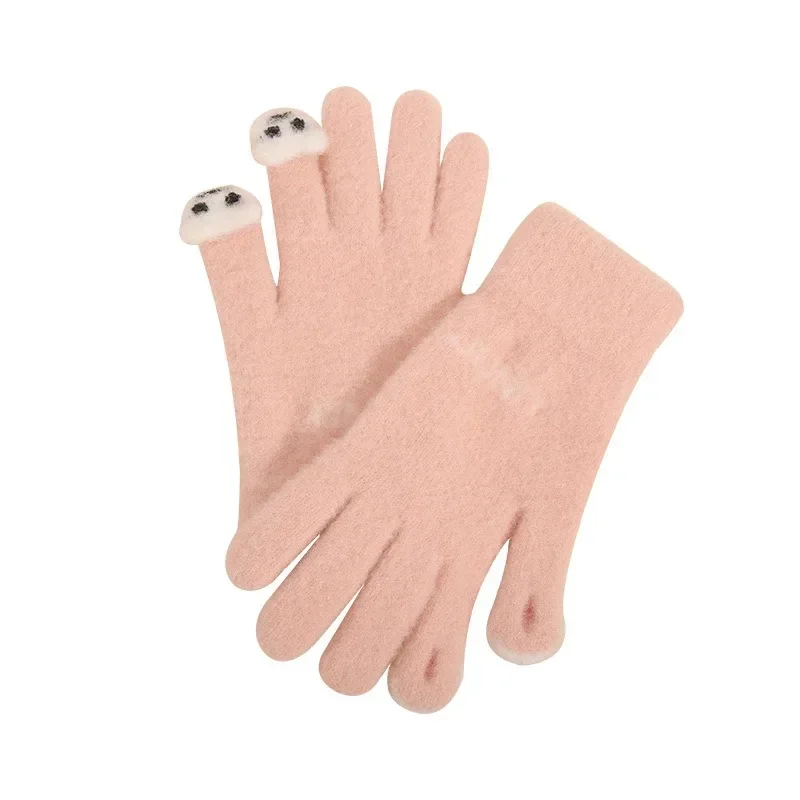 Плюшевые вязаные перчатки, теплые и морозостойкие шерстяные перчатки, женские милые перчатки с сенсорным экраном в виде панды, теплые уличные перчатки