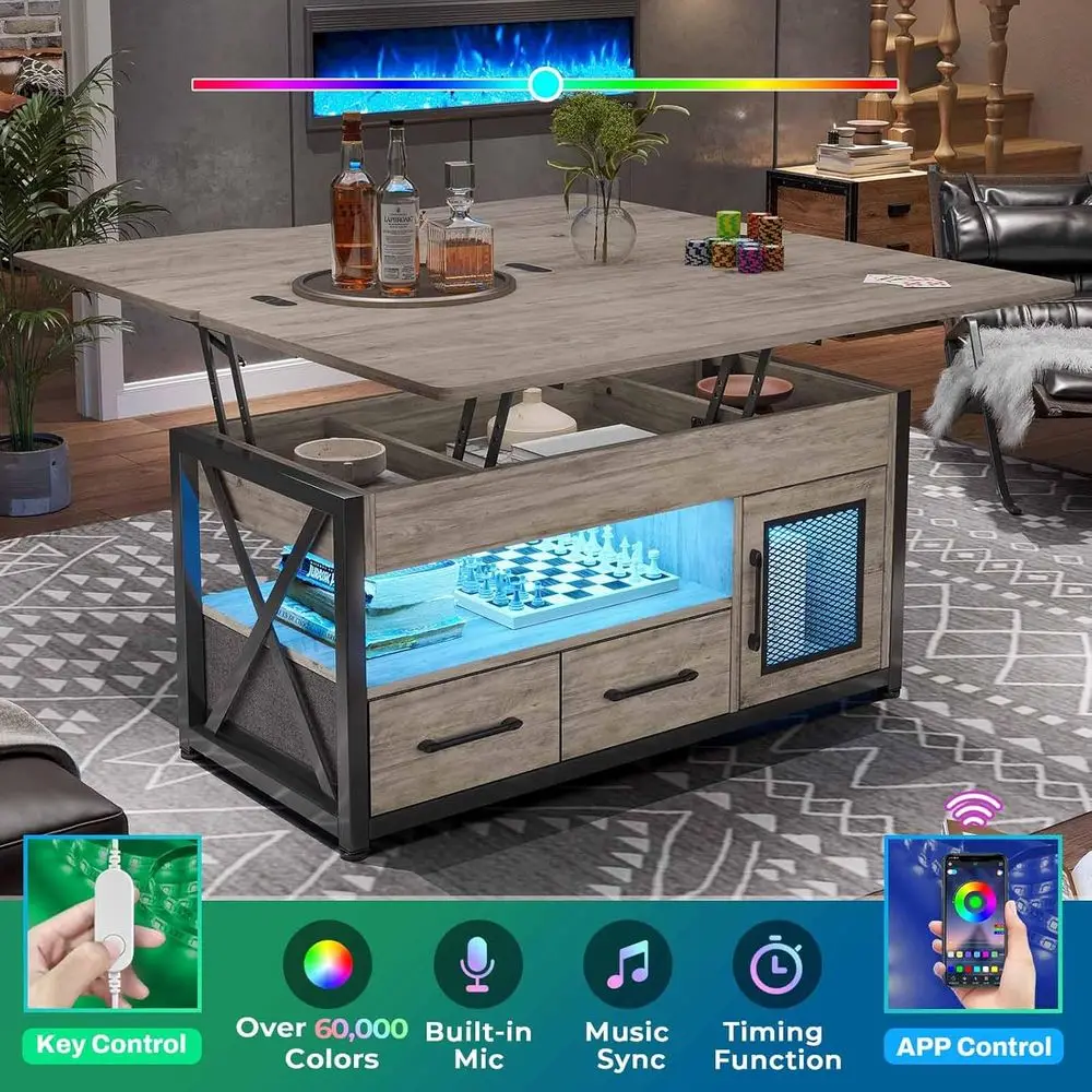 40 Grey Coffee Table with Storage, 4-in-1 Living/Dining Room Furniture, Small Space with Fabric Drawers and LED Lighting