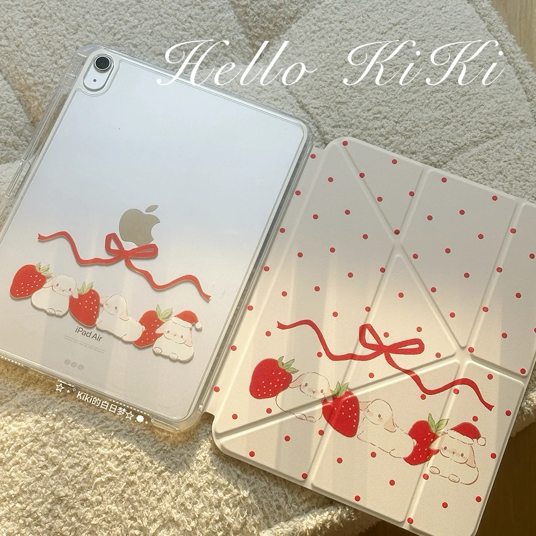 Strawberry Dots Bunny Rabbit Tablet Case For iPad Pro 11 13 M2 M4 M3 10.2 5/6th 7/8/9/10/11th Mini 6 7 Air 1 2 3 4 5 6 Cover