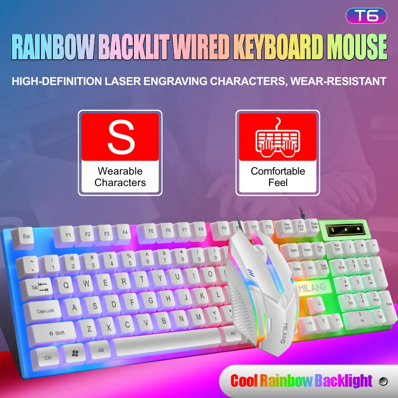 

Wired Colorful Glowing Backlit USB Keyboard and Mouse Set with Mechanical Feel Gaming Pc Gaming