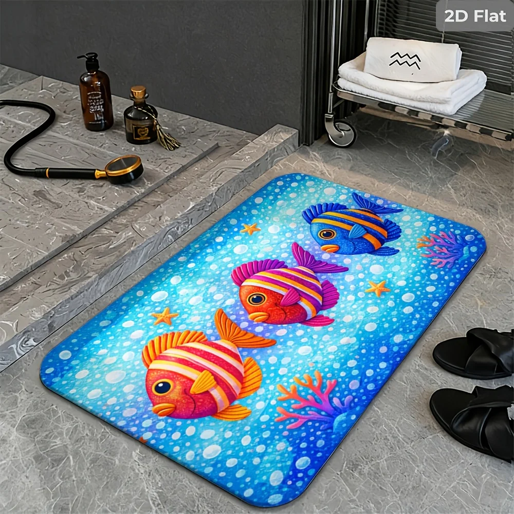 VIKAMA Colorful Tropical Fish Bath Mat Ocean Coral Starfish Bubble Print Non‑Slip Washable Bathroom Entrance Home Decor FloorRug