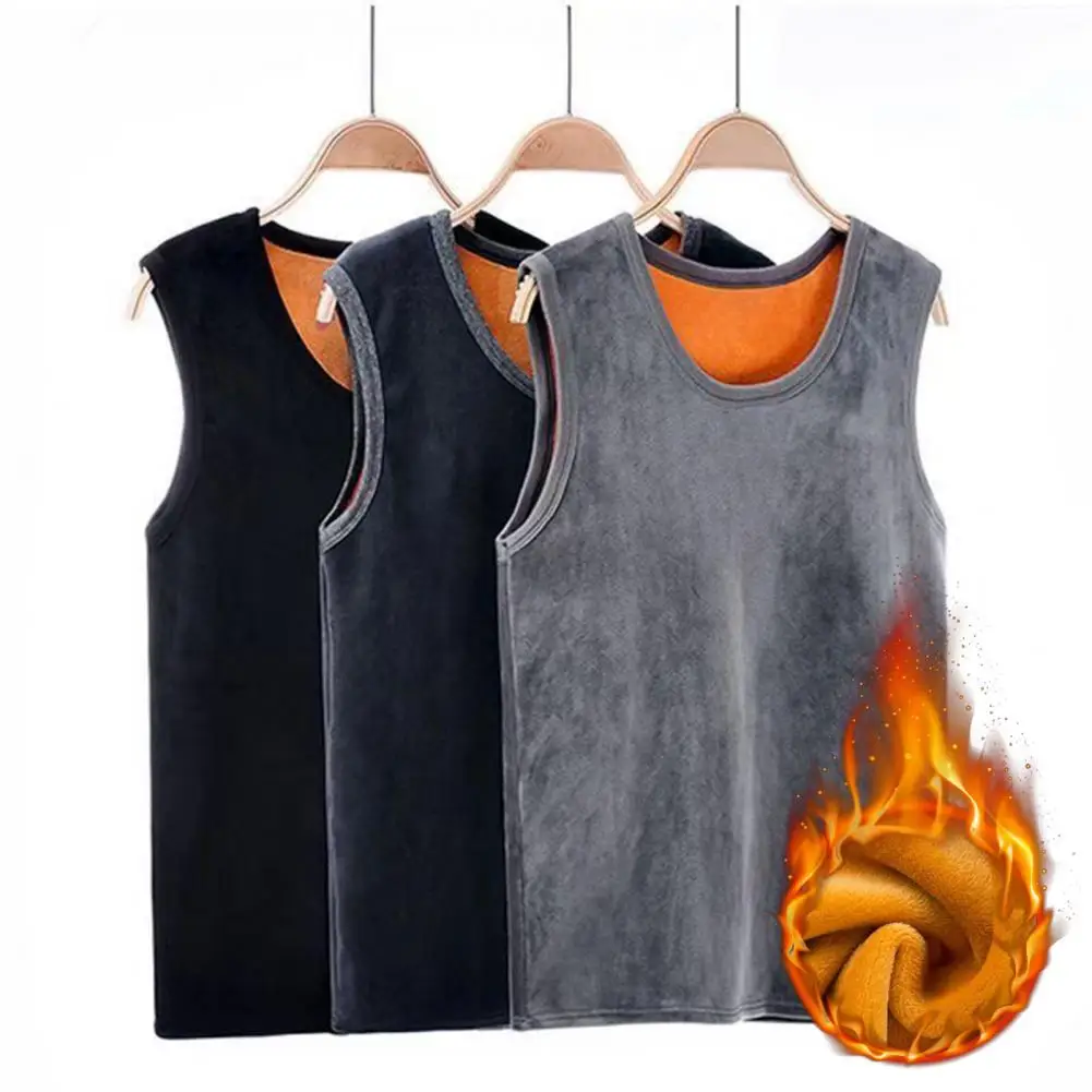 Men Winter Vest Solid Color Sleeveless Plush Thicken Scoop Neck Keep Warm Pullover Large Size Men Base Vest for Daily Wear