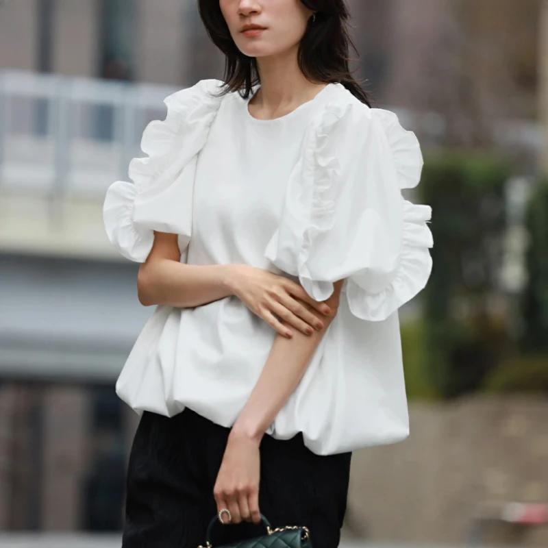 2024 Summer Japan Style Spliced Ruffles Shirts & Blouses women Short Sleeve Blusas O-Neck Camisas Loose Casual Ropa Mujer Tops