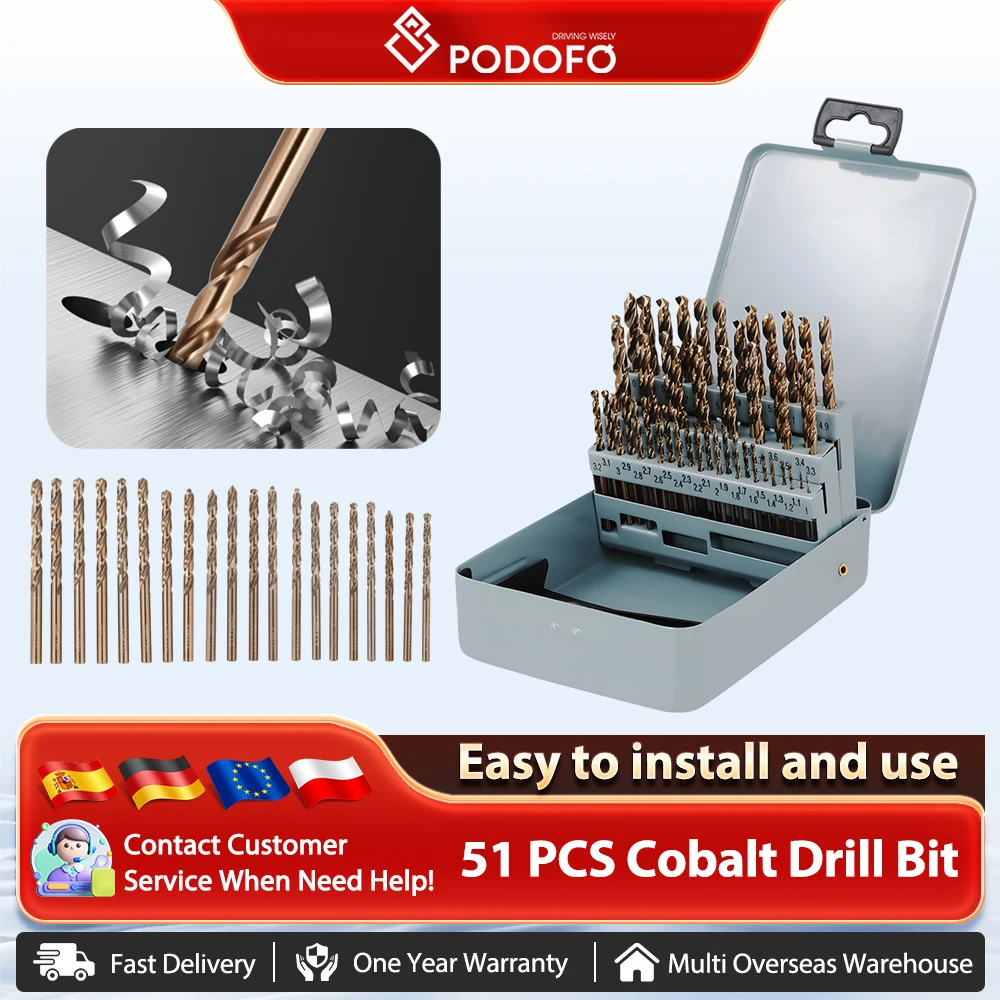Podofo 51 pièces jeu de forets au Cobalt 1-6mm M35 hss-co longueur de travail forets hélicoïdaux pour acier inoxydable bois métal foret avec étui