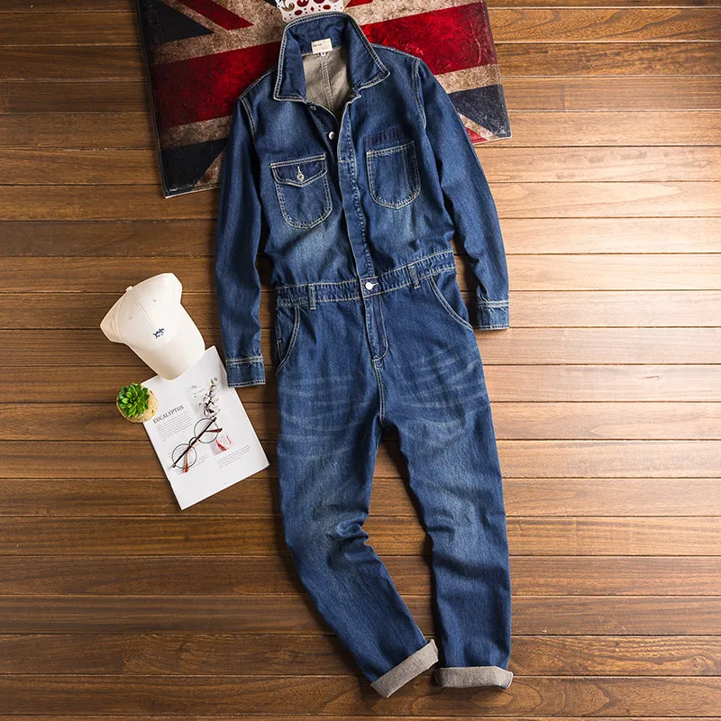 2023 Spring And Autumn Overalls Men's Denim Jumpsuits Long Sleeve Lapel Loose Blue Jeans Cargo Pants Fashion Workwear Trousers