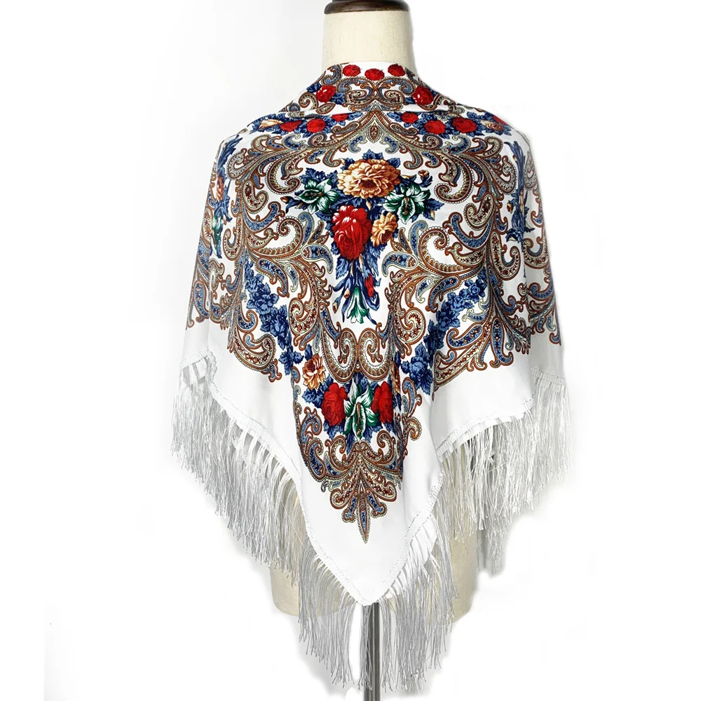 Retro Style Ukrainian Fringed Shawl Russian Floral Print Square Scarf Babushka Bandana Handkerchief Female Head Wraps
