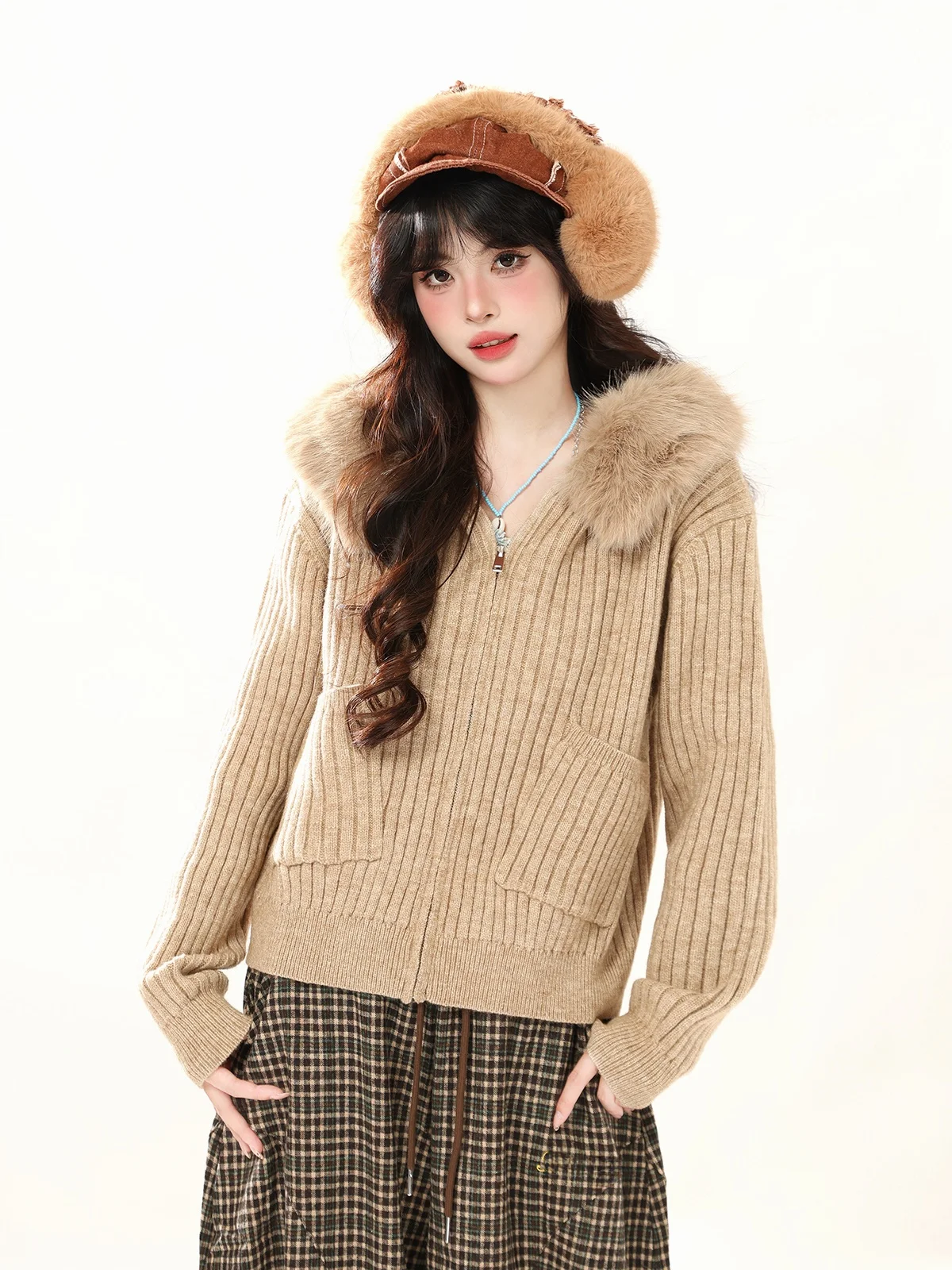 

ENJOG Vintage Hooded Knitted Sweater Coat Women's Loose Fit Autumn Removal Lazy Sle Cardigan Small Size Casual Faion