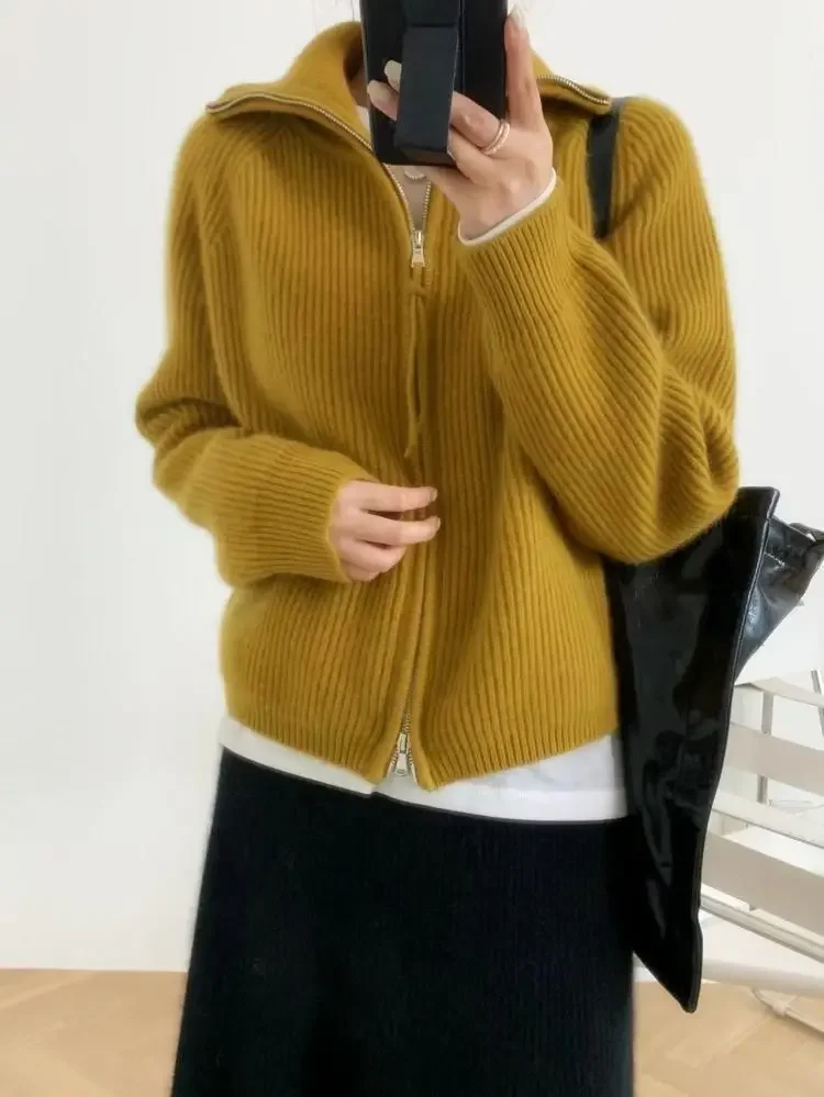 Women\'s 100% Pure Cashmere Cardigan Loose Turtleneck Sweater with Zipper