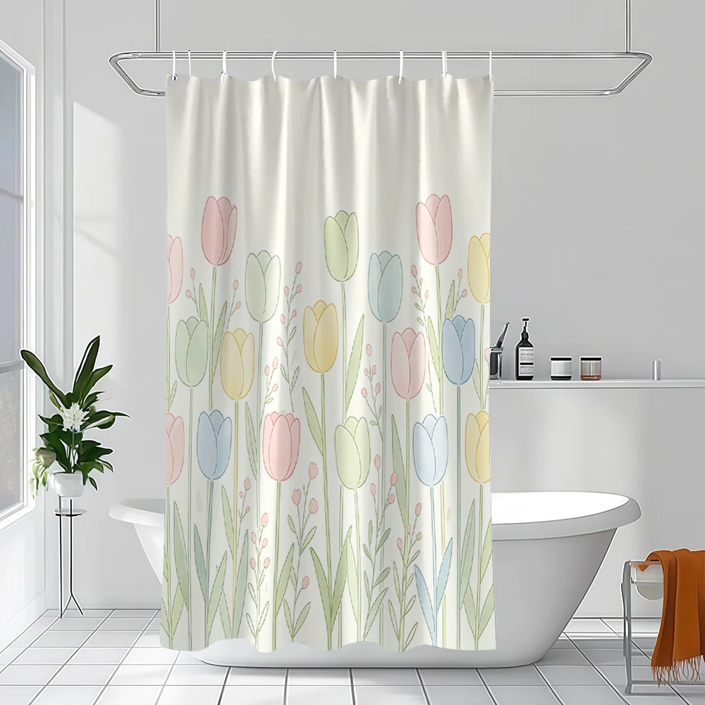 Pastel Tulip Shower Curtain, Colorful Spring Flower Garden Print Waterproof Bathroom Decor, Cute Floral Home Bath Screen
