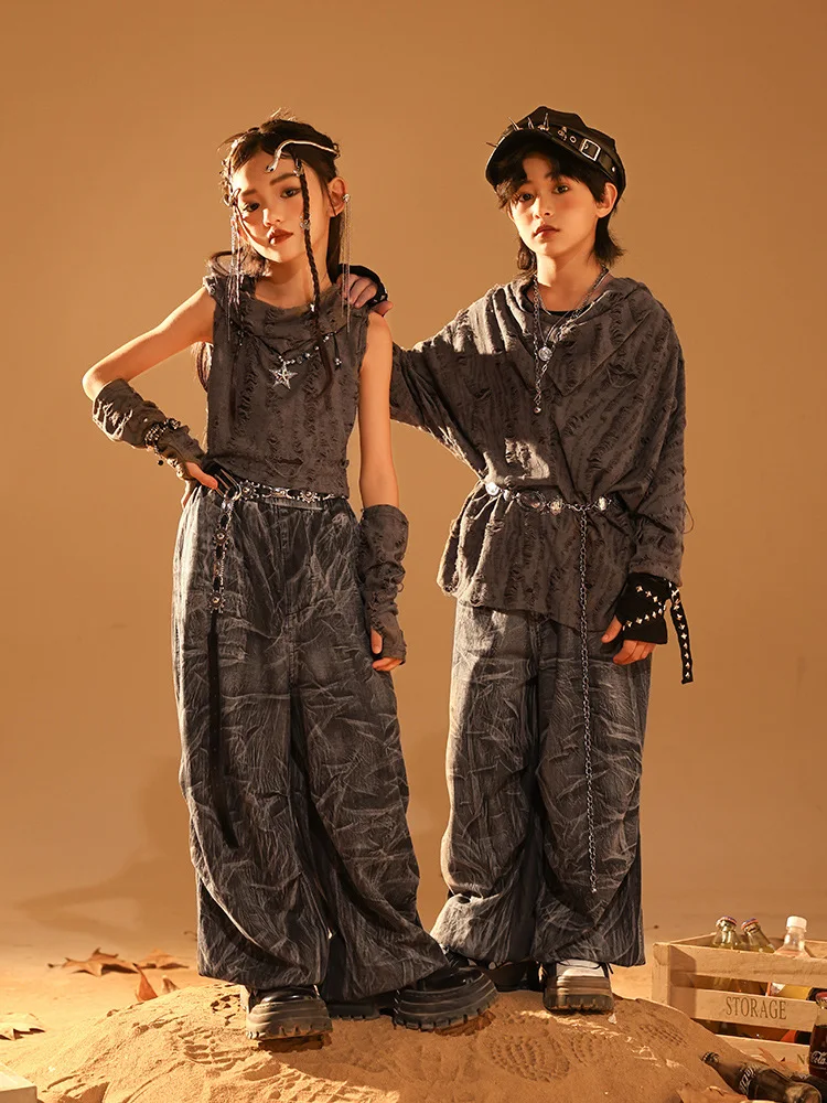 طفل القفار نمط الهيب هوب الملابس رمادي المتزعج هوديي أعلى طباعة عارضة عداء ببطء السراويل لفتاة صبي أزياء رقص الملابس