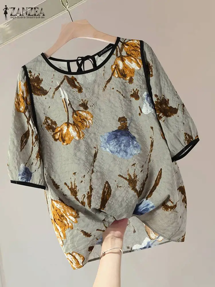 ZANZEA Summer Women Tops Bohemian Floral Printed Shirt Fashion Short Sleeve Holiday Blouse Casual O Neck Loose Party Blusas 2024