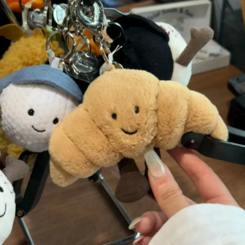 Portachiavi in peluche di cotone a forma di gatto, croissant e ciliegia, bicolore, morbido e adorabile