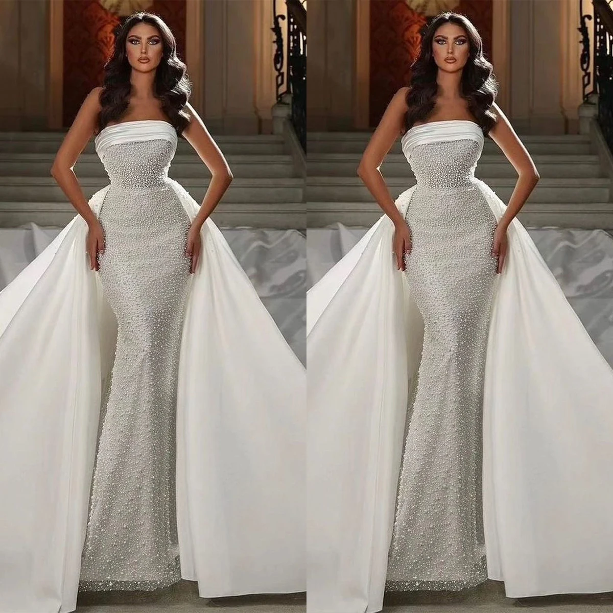 FULL PEARLS Mermaid Gown Wedding Dresses Strapless Lace Bridal Gowns Sleeveless Sweep Train Big Size Custom Size Colour