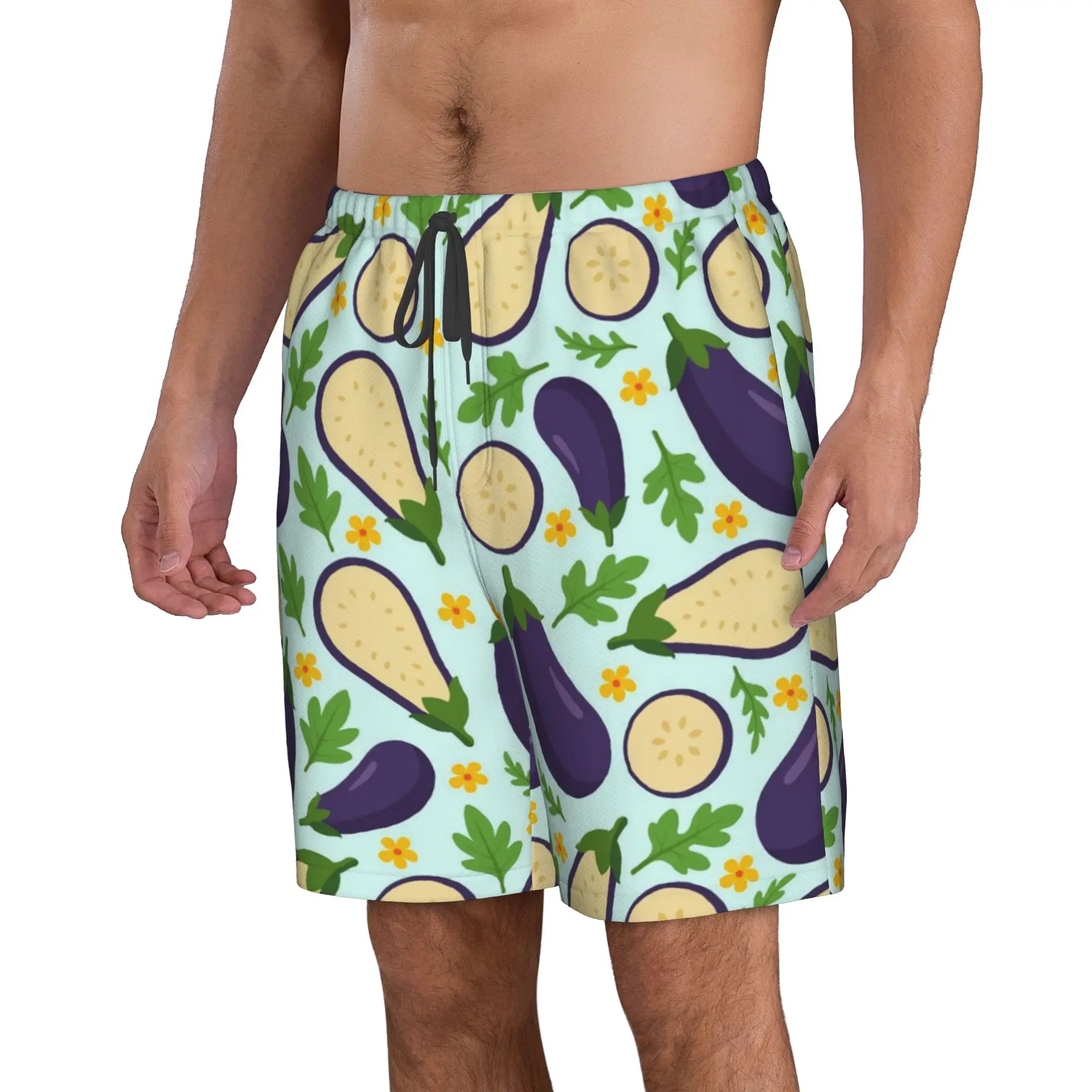 Vegetable Cartoon Eggplant Pattern Trunks Beach Board Shorts Casual Quick Dry Swimming Summer Men Pants