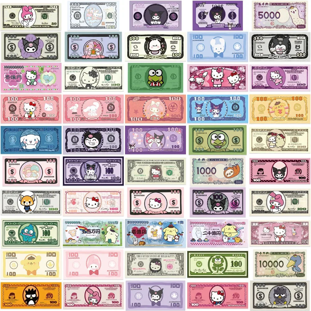 50Pcs Sanrio Creative Paper Money Stickers Cute Anime Hello Kitty Kuromi Aesthetic Decals Laptop Phone Waterproof Sticker Toys