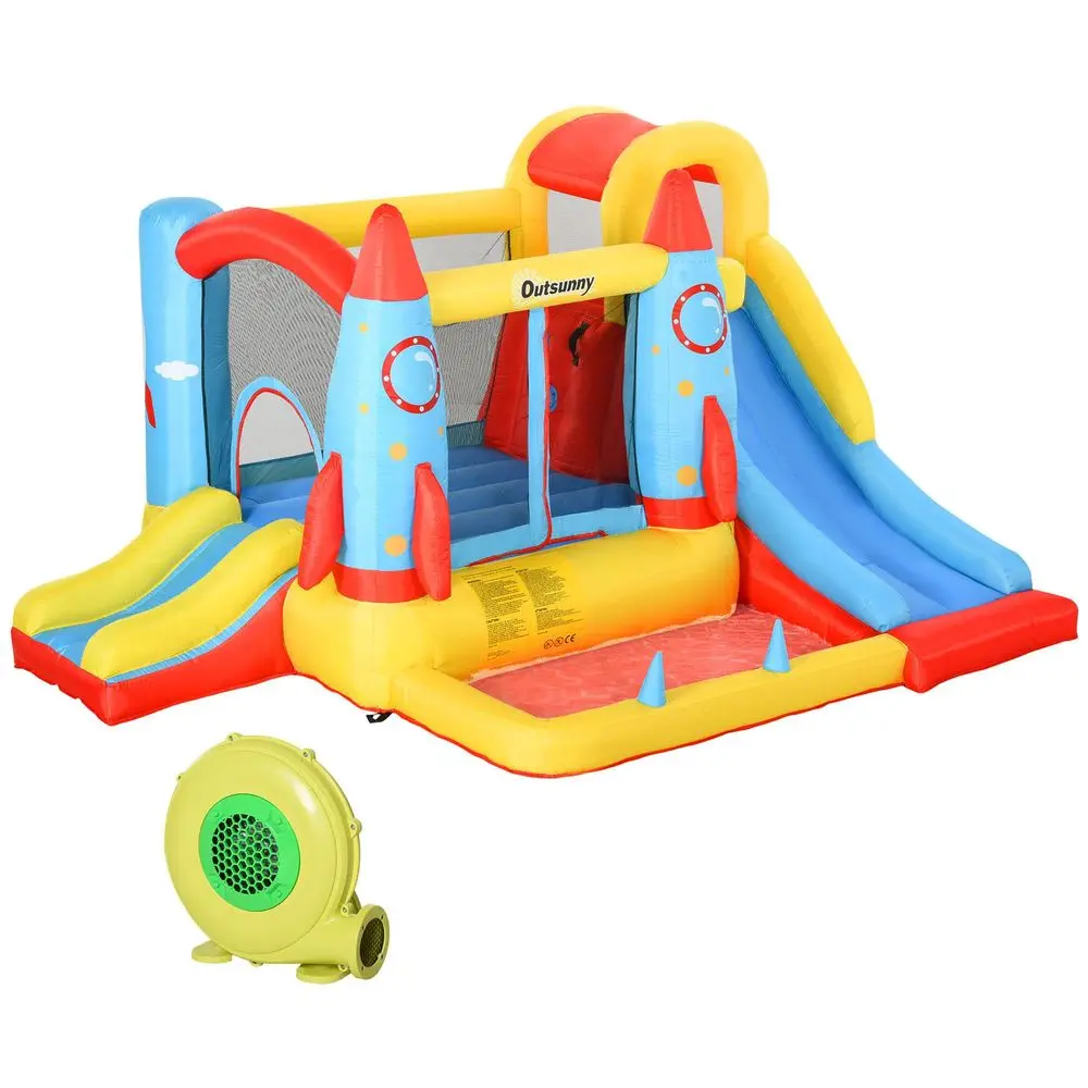 

Kids Bounce House, 4in1 Rocket Inflatable Water Slide Jumping Castle with 2 Slides, Climbing Wall, Trampoline, amp Water Pool A