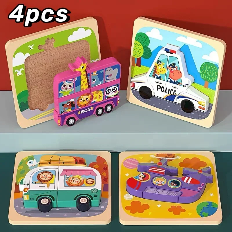 3D Baby Holz Puzzle Montessori Spielzeug Kinder Lernen Bildungs Tangram Form Verkehrs Tier Cartoon Puzzle Kognitive Spiele