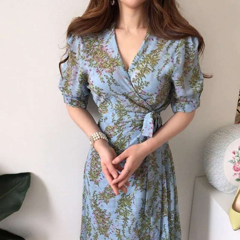 One Piece Bandage Waist Vintage Dress Boho Maxi Summer Elegant V-neck Tie Long Short Sleeved Chiffon Printed Dresses 2024