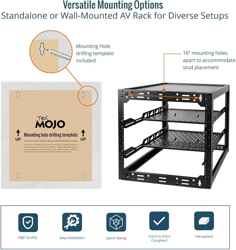 12U Open Frame Network Rack for IT & AV Gear, AV Rack Floor Standing or Wall Mounted,with 2 PCS 1U Rack Shelves & Mounting