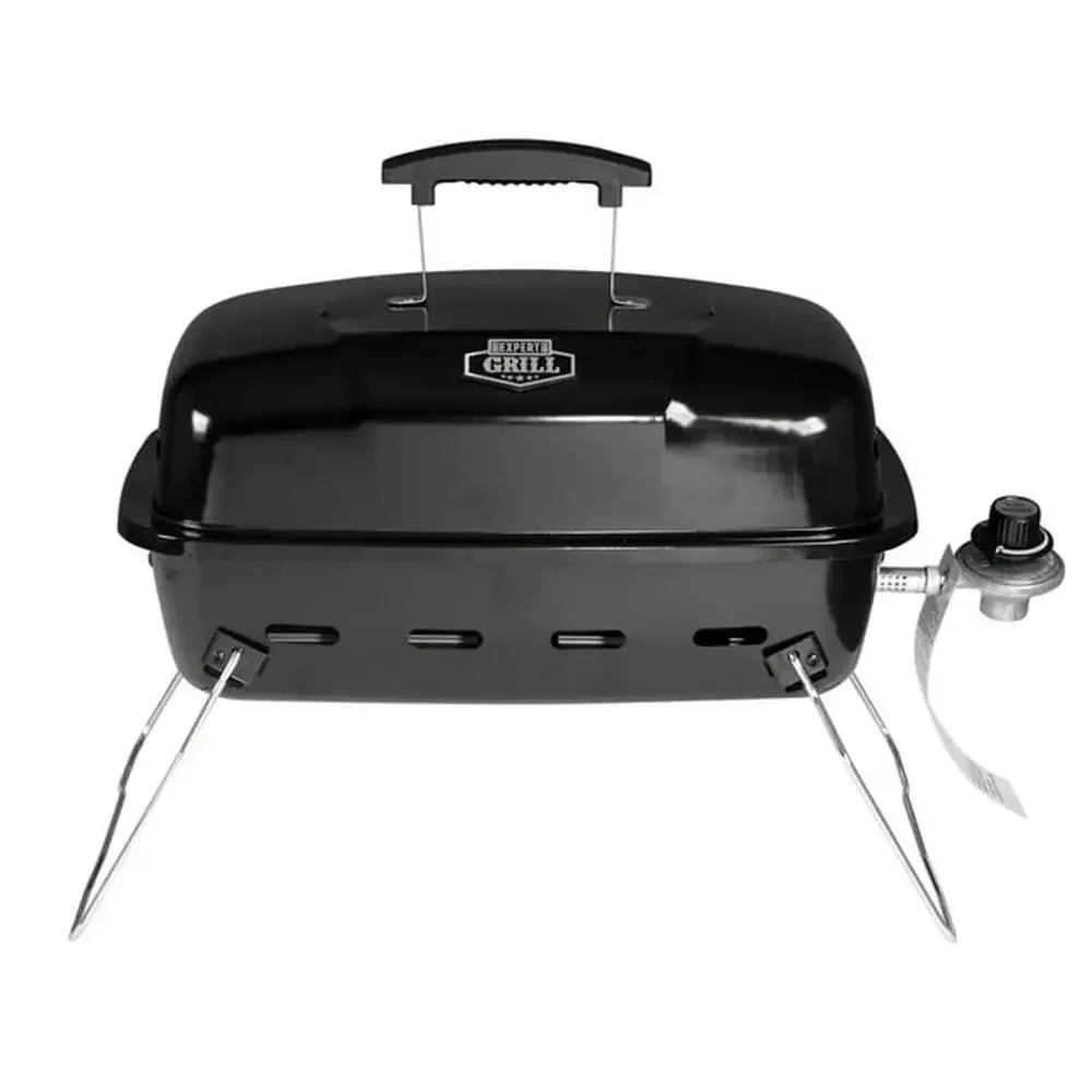 

Portable Expert Grill 17.5" 10,000 BTU Propane Gas Grill Black 9 Burgers Porcelain-Coated Compact Storage Foldable Legs Aluminum