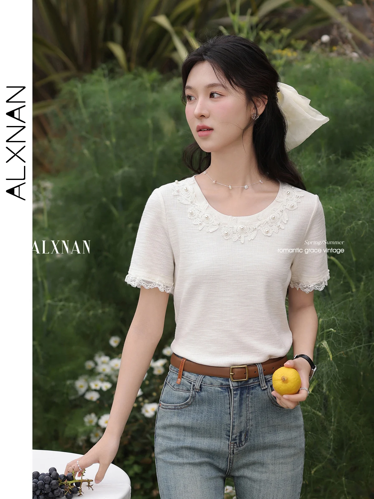 

ALXNAN Women's T-shirt Elegant Lace Pearl Design T-shirt 2025 Summer Cotton Casual Korean Popular Short Sleeve Top Ladies L55129