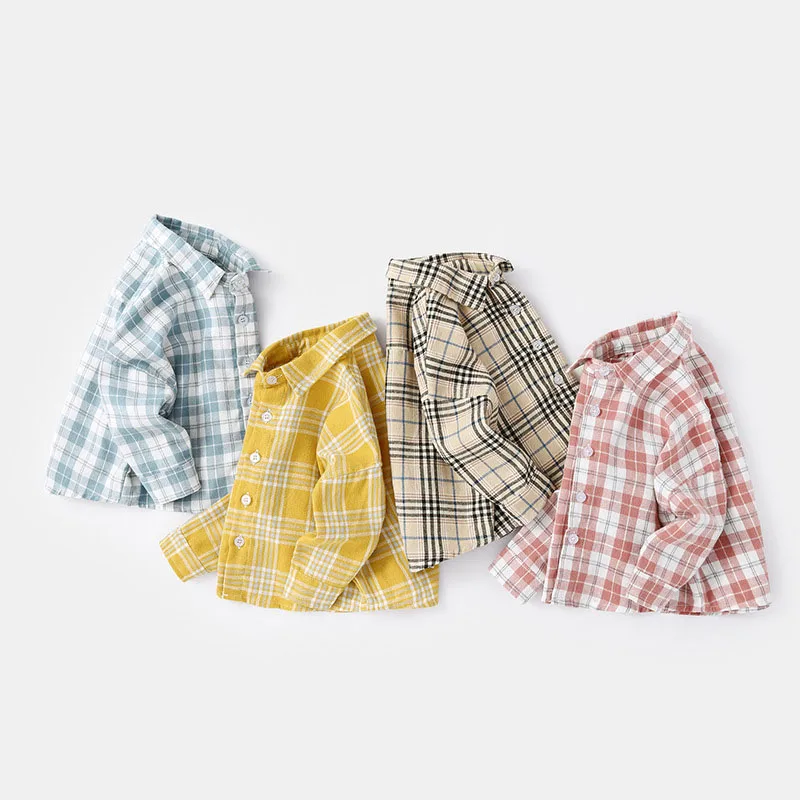 2026 New Classic Plaid Long Sleeve Kids Boys T-shirt for Girls Turn Down Collar Blouse Single Breasted Fitted Spring Baby Shirts