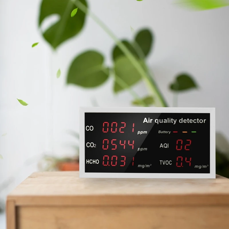 5-in-1 multifunctionele luchtkwaliteitsmonitor met LED-display Luchtvervuildetector voor CO/CO2/HCHO/AQI/TVOC buiten binnen