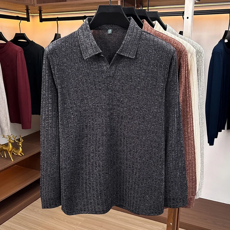 Men Polo Collar V‑Neck Knit Sweater Vertical Ribbed Texture Long Sleeve Soft Stretch Slim Fit Winter Casual Business Mens Tops view 2