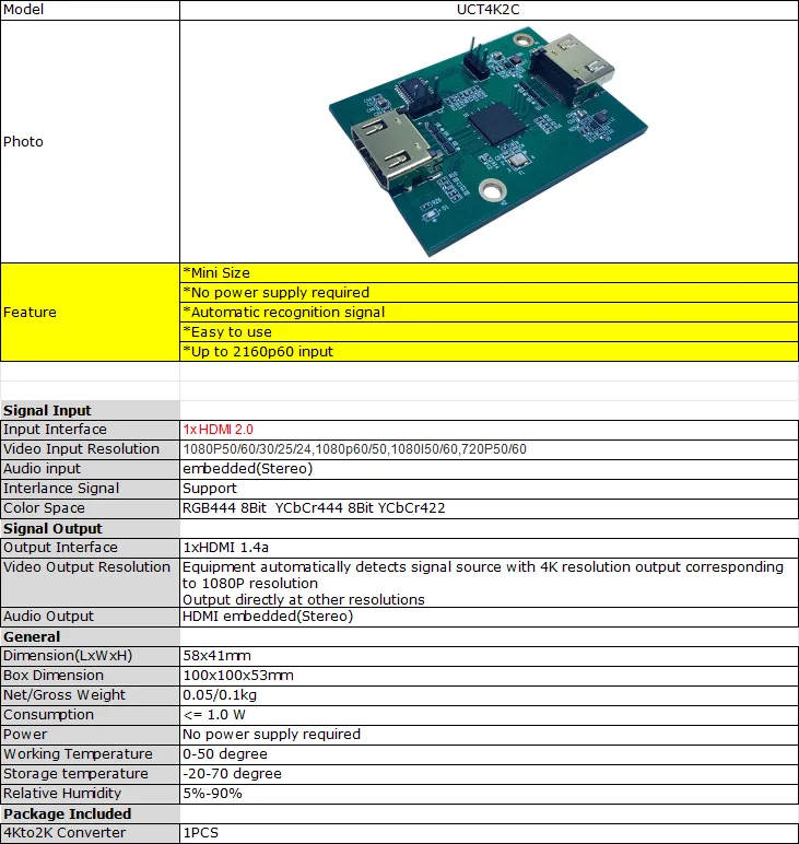 Good UNISHEEN UCT4K2C Mini Size Professional No Power Required 4K 60Hz Input to 1080p Output HDMI Converter Board