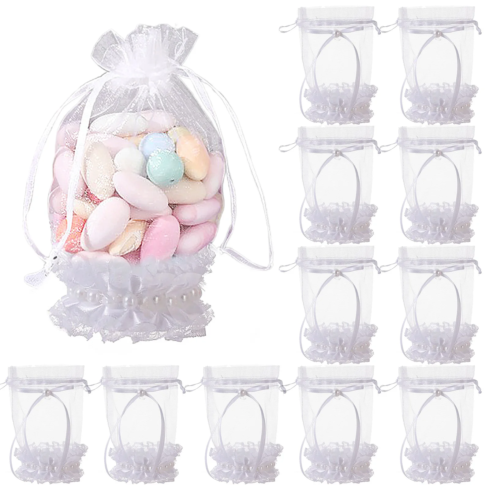 

12Pcs Wedding Candy Bag Mesh Cloth Sweet Pouch with Pearl / Rhinestone Decoration, for Wedding Birthday Anniversary Party