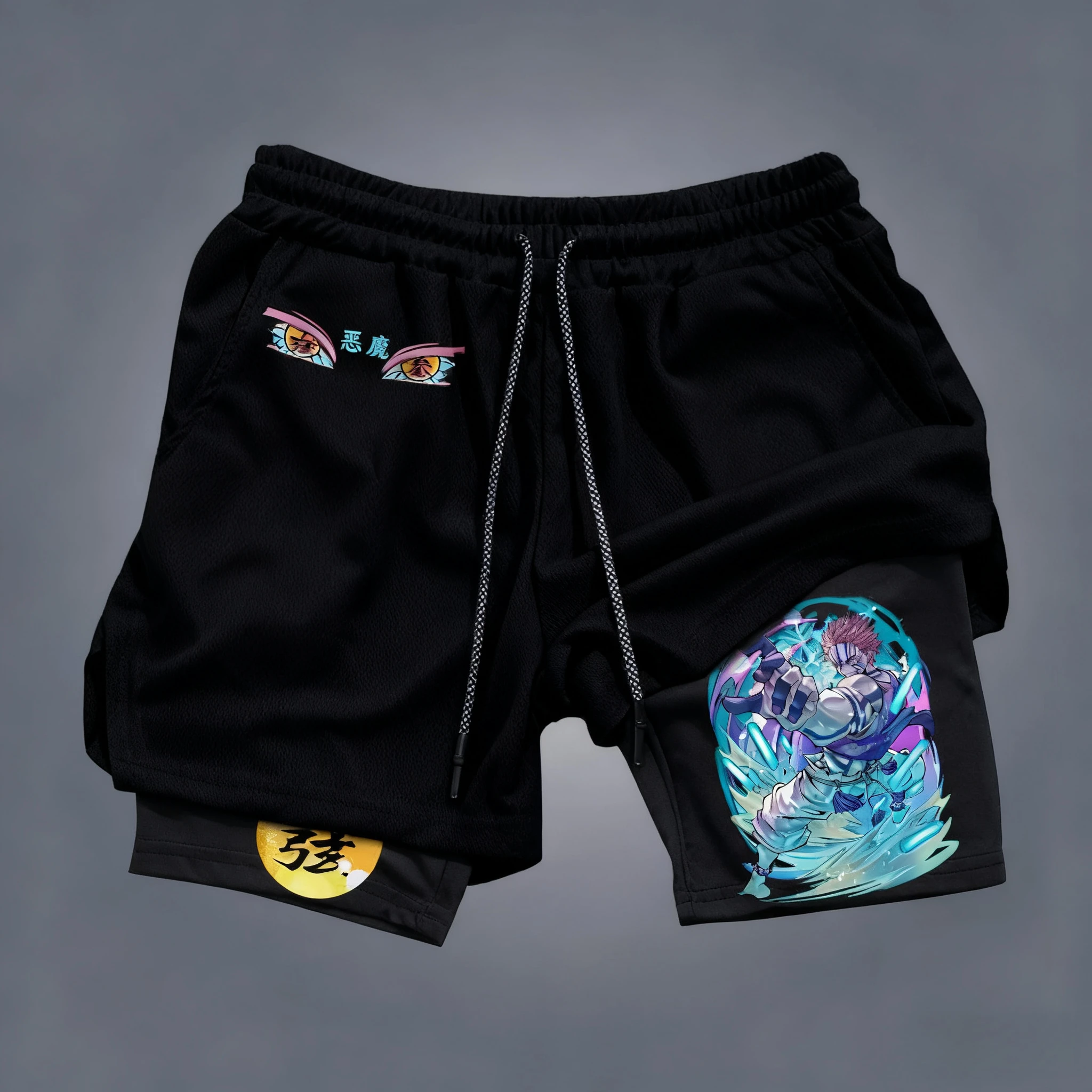 شيطان القاتل Akaza أنيمي مطبوعة طبقة مزدوجة السراويل 2026 الصيف الرجال اللياقة البدنية تنفس التجفيف السريع Y2K 2 في 1 السراويل الرياضية