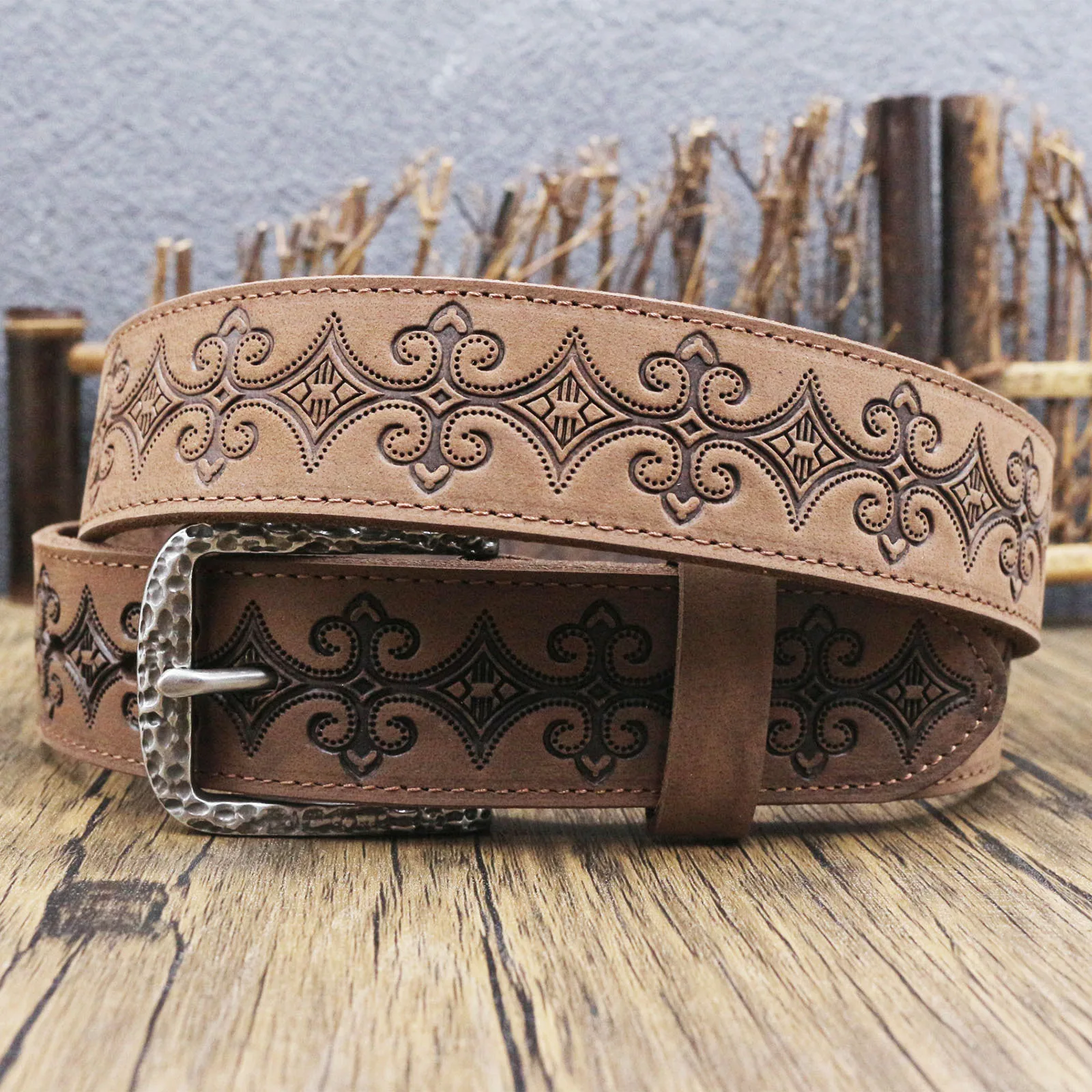 Crazy Horse Top Grain Leather Belt For Men Deep Embossed Geometric Floral Motif Retro Distressed Surface Solid Metal Pin Buckle
